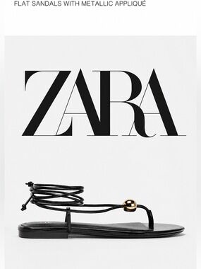 Zara Black Leather Ankle-Wrap Sandals with Gold Stud